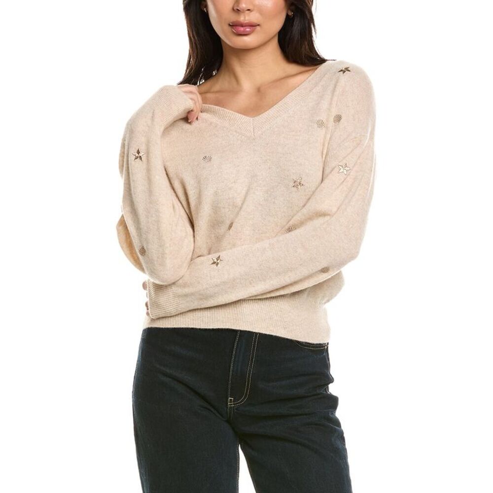 Brodie Cashmere Womens  Sea Embroidery V-Neck Cashmere Sweater, Red